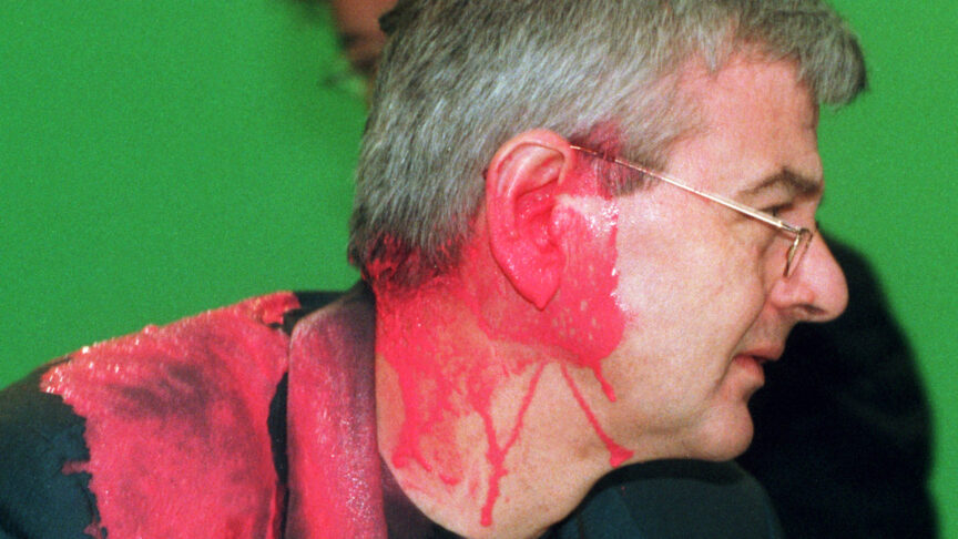 Green Party politician Joschka Fischer, shortly after being hit by a paint capsule at a special meeting of his party on the Kosovo war