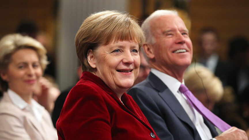 Joe Biden and Angela Merkel smiling at the Munich Security Conference