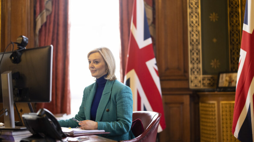 09/12/2021. London, United Kingdom. Foreign Secretary Liz Truss holds a virtual call with Joe Biden, President of the United States of America and other world leaders for the US Summit for Democracy from her office at the Foreign Commonwealth and Development Office. Picture by Simon Dawson / No 10 Downing Street