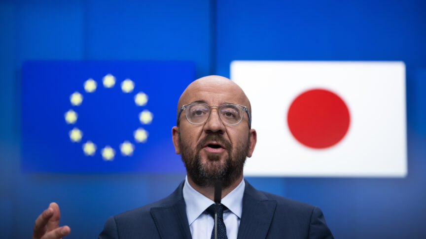 European Council President Charles Michel speaks during a news conference following an EU-Japan videoconference summit at the European Council headquarters in Brussels, Tuesday, May 26, 2020. The talks with Japanese Prime Minister Shinzo Abe were focused on international efforts to fight the coronavirus pandemic, the importance of multilateralism and preparations for a face-to-face meeting between them in Tokyo later this year. (AP Photo/Francisco Seco, Pool)