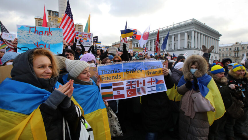 KYIV, UKRAINE – JANUARY 30, 2022 – Participants hold flags and placards during the action in gratitude to EU and NATO countries for military support to Ukraine #ThanksFriends on Maidan Nezalezhnosti, Kyiv, capital of Ukraine, Credit:Volodymyr Tarasov / Avalon