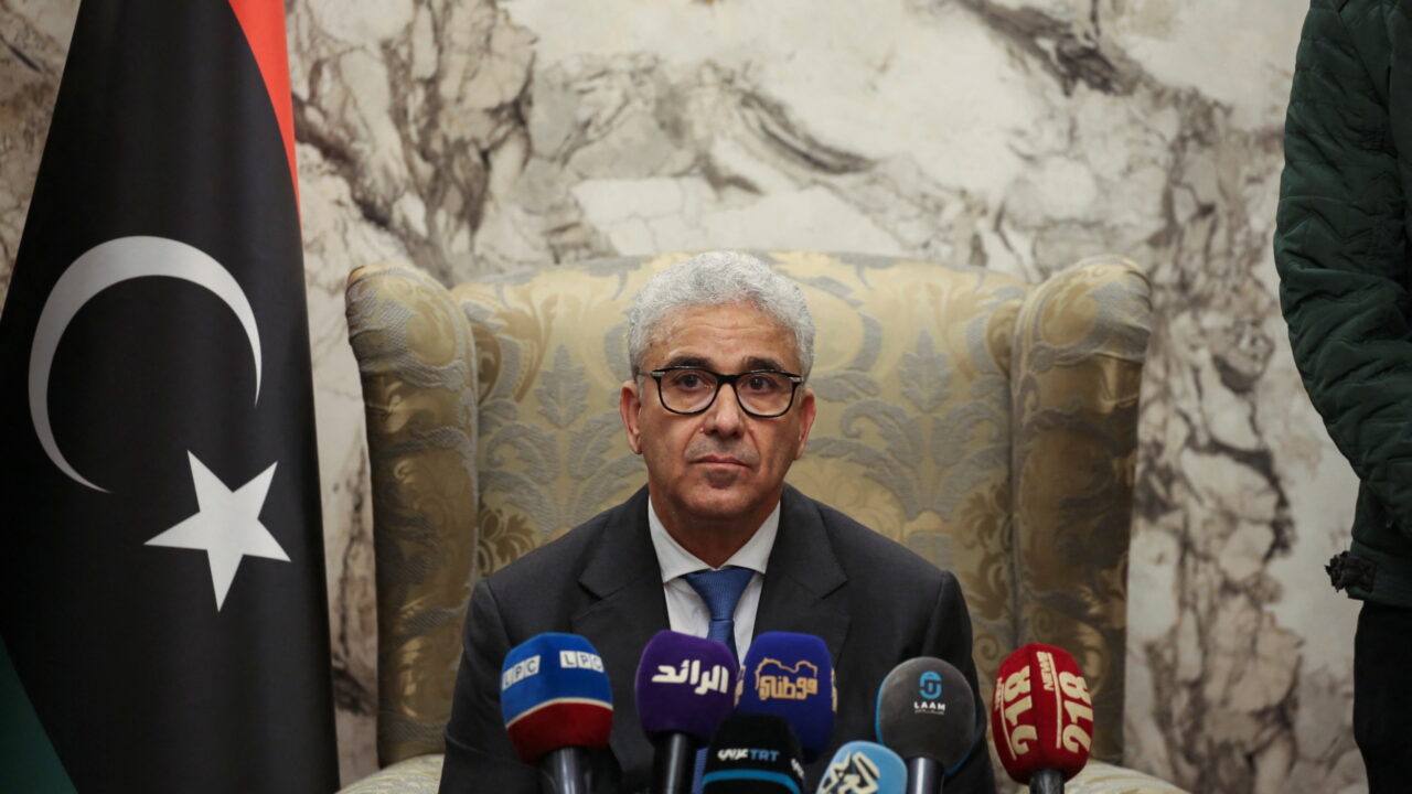 Libyan interim Prime Minister Fathi Bashagha, newly named by the Libyan parliament, delivers a speech at Mitiga International Airport, in Tripoli, Libya February 10, 2022. Picture taken February 10, 2022. REUTERS/Hazem Ahmed