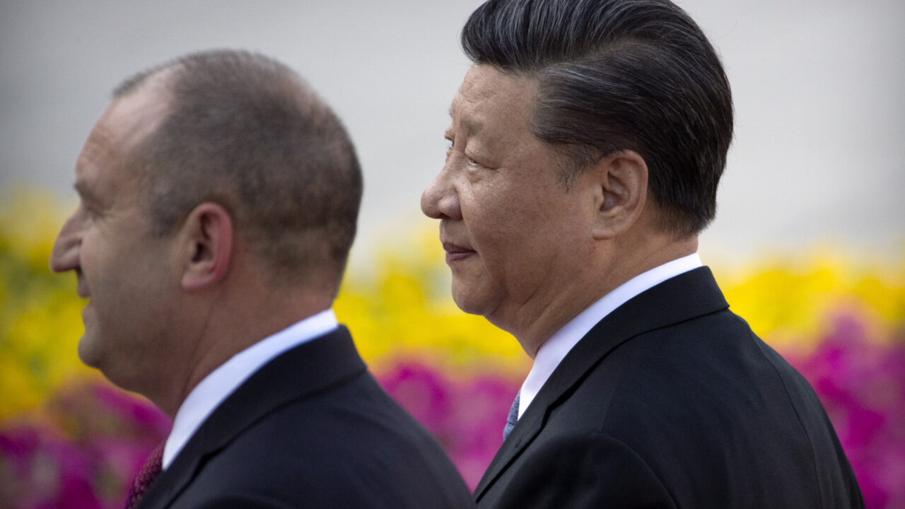 Bulgarian President Rumen Radev, left, and Chinese President Xi Jinping walk together during a welcome ceremony at the Great Hall of the People in Beijing, Wednesday, July 3, 2019. (AP Photo/Mark Schiefelbein)
