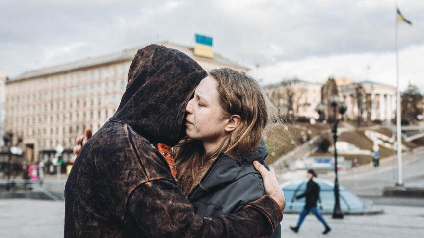 A couple embraces, on Maidan Square, February 26, 2022, in Kiev, Ukraine. The Ukrainian Health Minister has reported today, Saturday, February 26, the death of 198 people, including three children, since the beginning of the Russian invasion in the early morning of February 24. Several explosions have rocked the Ukrainian capital Kiev in the early hours of Saturday morning, and clashes are taking place in the area of Beresteiska, a few kilometers from the well-known Maidan Square, and at a thermal power station in Troieschyna, at the other end of the city. Ukrainian President Zelenski remains in the country, and has declared a curfew in Kiev, so that its citizens do not go out on the streets until Monday. February 26, 2022. Photo by Diego Herrera/Europa Press/ABACAPRESS.COM