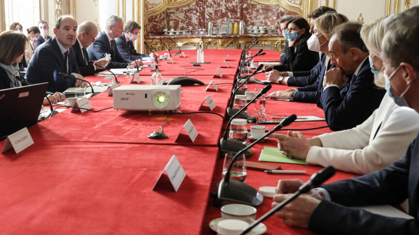 Presidential candidates attend a briefing on the war in Ukraine led by French Prime Minister Jean Castex at the Hotel Matignon in Paris, France on February 28, 2022. Photo by Stephane Lemouton/Pool/ABACAPRESS.COM
