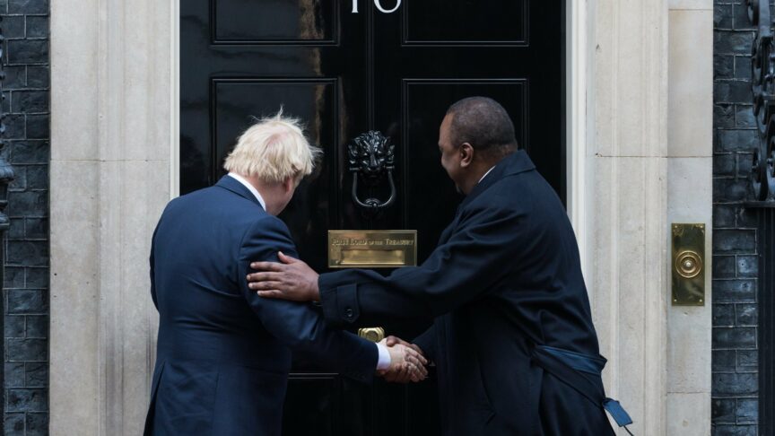 British Prime Minister Boris Johnson (L) welcomes President Uhuru Kenyatta of Kenya (R) on the steps of 10 Downing Street ahead of their meeting on 21 January, 2020 in London, England. (Photo by WIktor Szymanowicz/NurPhoto)