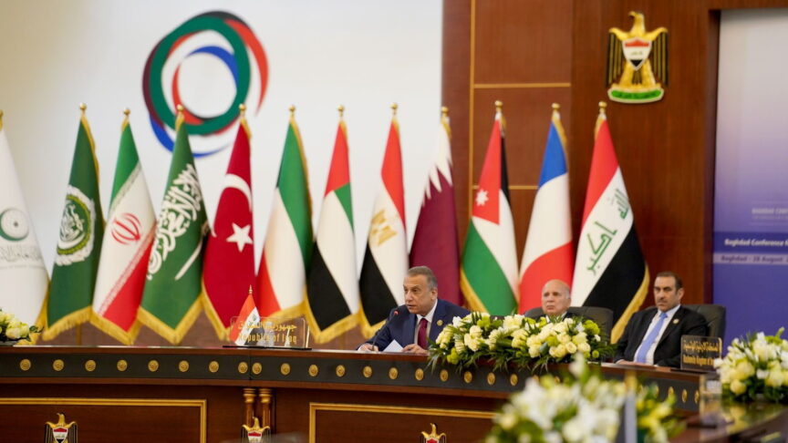 Iraqi Prime Minister Mustafa al-Kadhimi speaks during the Baghdad summit in Baghdad, Iraq, August 28, 2021. Iraqi Prime Minister Media Office/Handout via REUTERS ATTENTION EDITORS – THIS IMAGE WAS PROVIDED BY A THIRD PARTY