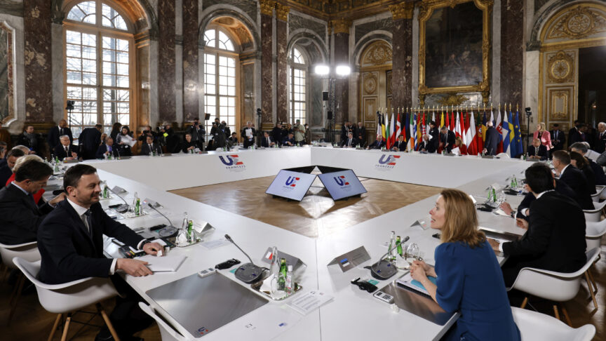 EU leaders attend a summit to discuss the fallout of Russia’s invasion in Ukraine, at the Palace of Versailles, near Paris, Thursday, March 10, 2022. European Union leaders have gathered in Versailles for a two-day summit focusing on the war in Ukraine. Their nations have been fully united in backing Ukraine’s resistance with unprecedented economic sanctions, but divisions have started to surface on how fast the bloc could move in integrating Ukraine and severing energy ties with Moscow. (Ludovic Marin, Pool via AP)