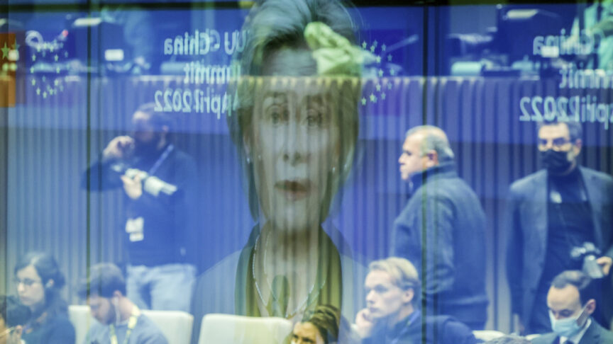 European Commission President Ursula von der Leyen speaks during a media conference at the end of an EU China summit at the European Council building in Brussels, Friday, April 1, 2022. (AP Photo/Olivier Matthys)