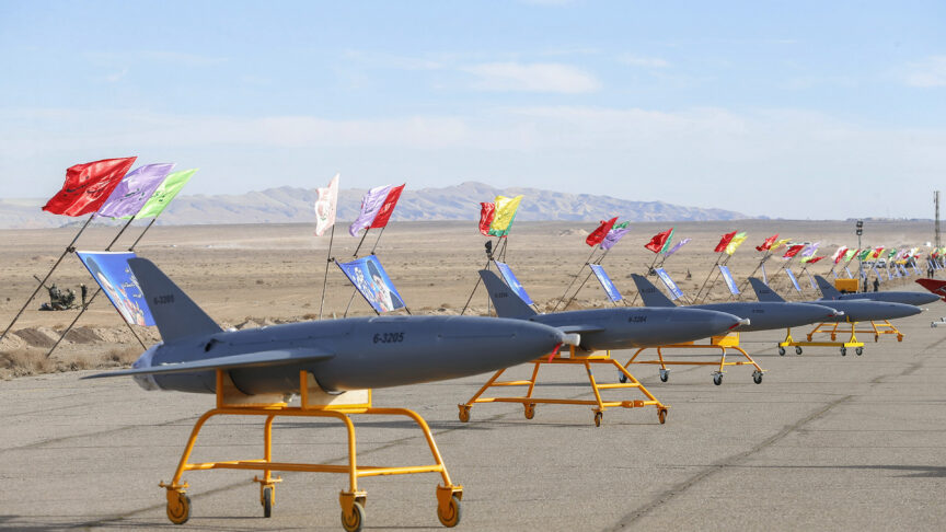 In this photo released on Tuesday, Jan. 5, 2021 by the Iranian army, drones are displayed prior to a drill, in an undisclosed location in Iran. The Iranian military began a wide-ranging, two-day aerial rill in the country’s north, state media reported, featuring combat and surveillance unmanned aircraft, as well as naval drones dispatched from vessels in Iran’s southern waters. (Iranian Army via AP)