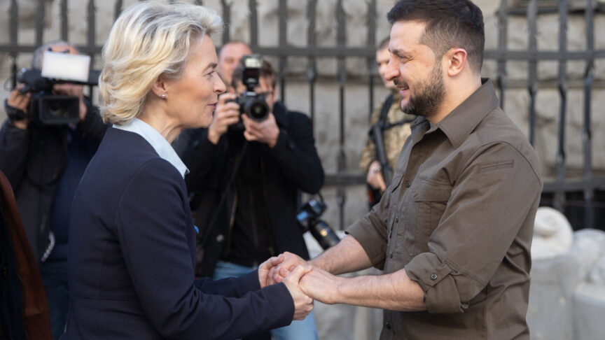 Handout photo made available by Ukrainian Presidency shows European Commission President Ursula von der Leyen and President of Ukraine Volodymyr Zelenskyy shake hands ahead of their meeting in Kyiv, Ukraine on April 8, 2022. Photo by Ukrainian Presidency via ABACAPRESS.COM