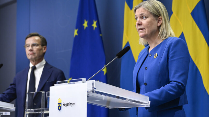 Sweden’s Prime Minister Magdalena Andersson, right, and the Moderate Party’s leader Ulf Kristersson give a news conference in Stockholm, Sweden, Monday, May 16, 2022. Sweden’s government has decided to apply for a NATO membership. (Henrik Montgomery/TT News Agency via AP)