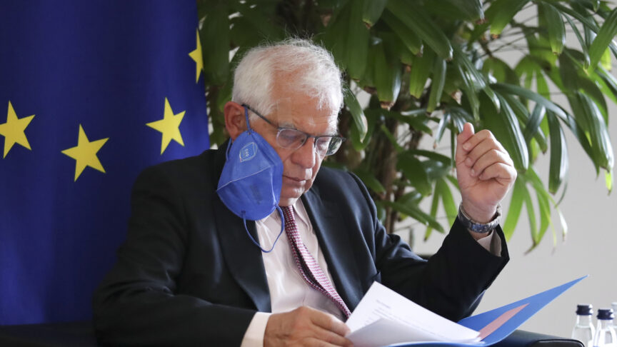 epa09341645 European Union foreign policy chief Josep Borrell sits down for a meeting with Zoran Tegeltija, Chairman of the Council of Ministers of Bosnia and Herzegovina, in Brussels, Belgium, 13 July 2021. EPA-EFE/PASCAL ROSSIGNOL / POOL