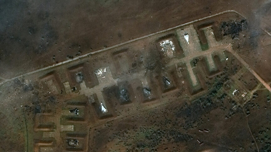 This satellite image provided by Maxar Technologies shows destroyed Russian aircraft at Saki Air Base on Wednesday, Aug. 10, 2022, in the Crimean Peninsula, the Black Sea peninsula seized from Ukraine by Russia and annexed in March 2014. Ukraine’s air force said Wednesday that nine Russian warplanes were destroyed in a deadly string of explosions at an air base in Crimea that appeared to be the result of a Ukrainian attack, which would represent a significant escalation in the war. (Satellite image ©2022 Maxar Technologies via AP)