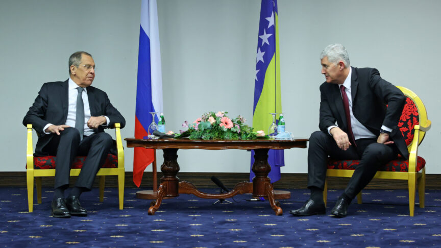 BOSNIA AND HERZEGOVINA – DECEMBER 14, 2020: Russia’s Foreign Minister Sergei Lavrov (L) and Dragan Covic, Deputy Speaker of the House of Peoples of Bosnia and Herzegovina, during a meeting. Russian Foreign Ministry Press Office/TASS