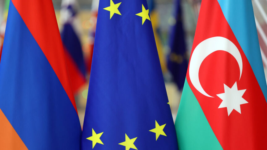 BRUSSELS, BELGIUM – APRIL 06: A photo shows the flags of the EU, Armenia and Azerbaijan during a meeting with president of the European Council Charles Michel, Azerbaijani president Ilham Aliyev and Armenian prime minister Nikol Pashinyan in Brussels, Belgium on April 06, 2022. Dursun Aydemir / Anadolu Agency