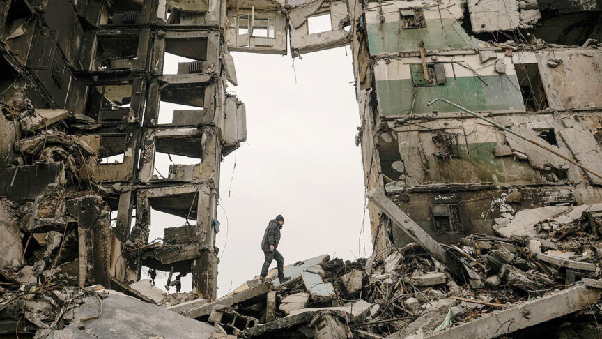 A resident looks for belongings in an apartment building destroyed during fighting between Ukrainian and Russian forces in Borodyanka, Ukraine, Tuesday, April 5, 2022. (AP Photo/Vadim Ghirda)

—————

Day 41: Buildings in ruin, bodies found 
April 05, 2022
https://apimagesblog.com/russia-ukraine-war-drafts/2022/4/5/day-41-buildings-in-ruin-bodies-found

<B>A Ukraine resident searches for belongings in the rubble of an apartment building.</B>
A widow visits a graveyard in Lviv where her soldier husband was buried, surrounded by fresh flowers and grave sites. Elsewhere, mourners bury another soldier, who leaves behind a wife and two young children.
In Bucha, where graphic evidence of killings and torture has emerged following the withdrawal of Russian troops, residents line up for humanitarian aid. Soldiers gather civilians bodies from a burned out truck. A mass grave in a churchyard holds bodies wrapped in plastic.
The images coming out of Ukraine, particularly from the town of Bucha, have led to demands for war crime prosecutions against Russia.

________________________________________

This gallery contains graphic content. 

Text from AP News story, AP PHOTOS on Day 41: Buildings in ruin, bodies found


———————-

AP IMAGES BLOG
Day 41: Buildings in ruin, bodies found 
April 05, 2022
https://apimagesblog.com/russia-ukraine-war-drafts/2022/4/5/day-41-buildings-in-ruin-bodies-found
