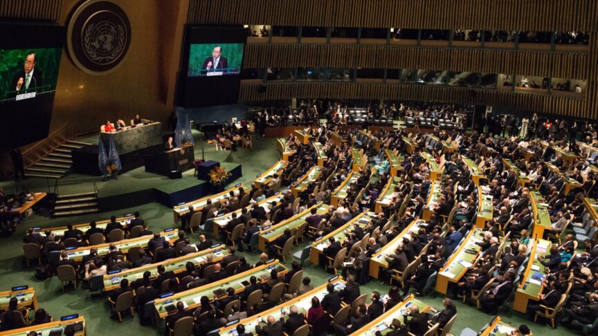 Representatives of the UN Member States sit in attendance in General Assembly Hall for the climate agreement opening ceremony. Leaders from around the world gathered in General Assembly Hall at UN Headquarters in New York City to sign the Global Climate Agreement resulting from the COP21 conference in Paris (December 2015). (Photo by Albin Lohr-Jones/Pacific Press)