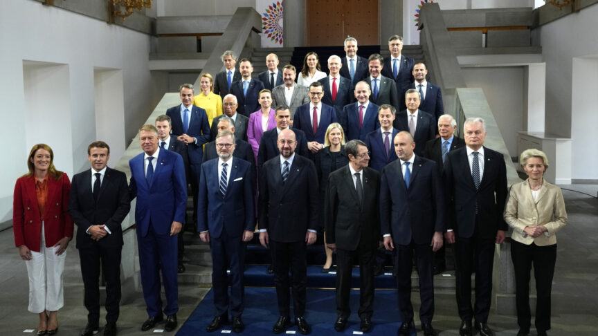 European Union leaders pose for a group photo during an EU Summit at Prague Castle in Prague, Czech Republic, Friday, Oct 7, 2022. European Union leaders converged on Prague Castle Friday to try to bridge significant differences over a natural gas price cap as winter approaches and Russia’s war on Ukraine fuels a major energy crisis. Front row left, to right, European Parliament President Roberta Metsola, French President Emmanuel Macron, Romania’s President Klaus Werner Ioannis, Czech Republic’s Prime Minister Petr Fiala, European Council President Charles Michel, Cypriot President Nicos Anastasiades, Bulgaria’s President Rumen Radev, Lithuania’s President Gitanas Nauseda and European Commission President Ursula von der Leyen. (AP Photo/Petr David Josek)