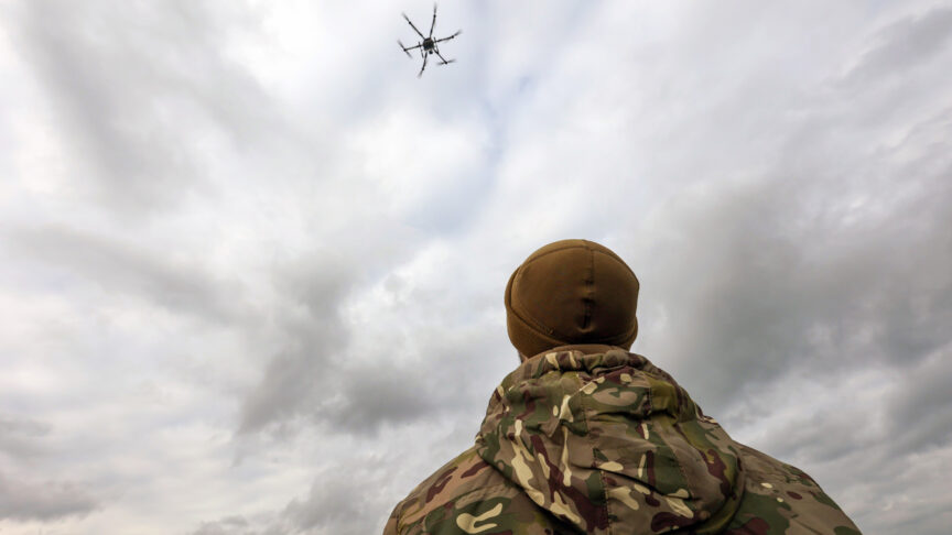 KHARKIV REGION, UKRAINE – NOVEMBER 4, 2022 – The Khartiia territorial community volunteer unit practice flying drones for military intelligence, Kharkiv Region, northeastern Ukraine., Credit:Vyacheslav Madiyevskyy / Avalon