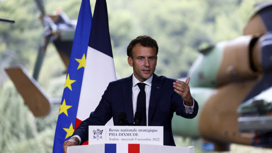 French President Emmanuel Macron delivers his speech at the French Navy base of Toulon, southern France, Wednesday, Nov. 9, 2022. Emmanuel Macron unveils the country’s military strategy through the end of the decade for his nuclear-armed country, in the midst of Russia’s war in Ukraine. (Eric Gaillard, Pool via AP)