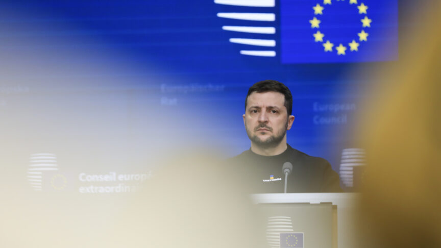 February 9, 2023, Brussels, Belgium: The President of Ukraine, Volodymyr Zelensky speaks at a press conference with Charles Michel and Ursula Von Der Leyen in Brussels following his visit to the European Parliament. (Credit Image: © Nicolas Landemard/Le Pictorium Agency via ZUMA Press