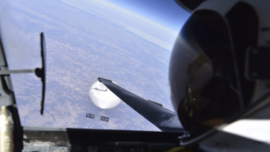 A U.S. Air Force pilot looked down at the suspected Chinese surveillance balloon as it hovered over the Central Continental United States February 3, 2023. Recovery efforts began shortly after the balloon was downed. (Photo courtesy of the Department of Defense)