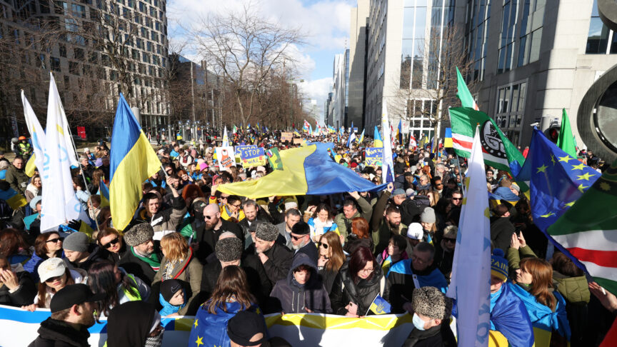 People march after gathering at Northern train station (Gare du Nord) to show solidarity with Ukraine and its people, on the first anniversary of the war between Russia – Ukraine in Brussels, Belgium on February 25, 2023. One year has passed since the start of Russia’s war with Ukraine.