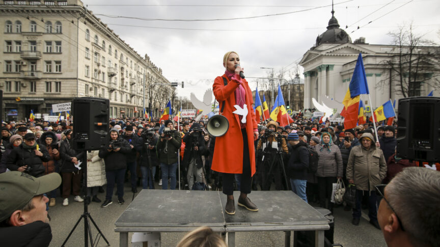 Marina Tauber the vice-president of Moldova’s Russia-friendly Shor Party speaks during a protest initiated by the Movement for the People and members of Moldova’s Russia-friendly Shor Party, against the pro-Western government and low living standards, in Chisinau, Moldova, Tuesday, Feb. 28, 2023. Thousands of protesters returned to Moldova’s capital Tuesday to demand that the country’snew pro-Western governmentfully subsidize citizens’ winter energy bills amid skyrocketing inflation. (AP Photo/Aurel Obreja)