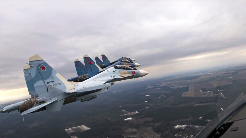 FILE – In this photo taken from video provided by the Russian Defense Ministry Press Service on Thursday, Feb. 17, 2022, Su-30 fighters of the Russian and Belarusian air forces fly in a joint mission during the Union Courage-2022 Russia-Belarus military drills in Belarus.Russian President Vladimir Putin has announced that he intends to deploy tactical nuclear weapons on the territory of Belarus. The move appears to be another attempt by Putin to raise the stakes in the conflict in Ukraine. (Russian Defense Ministry Press Service via AP, File)