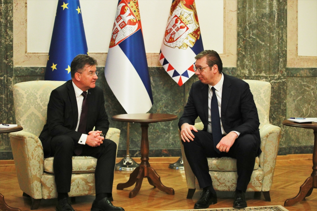 Serbian President Aleksandar Vucic meets EU Special Representative of Europe for the Kosovo-Serbia dialogue Miroslav Lajcak in Belgrade, Serbia on March 13, 2023.