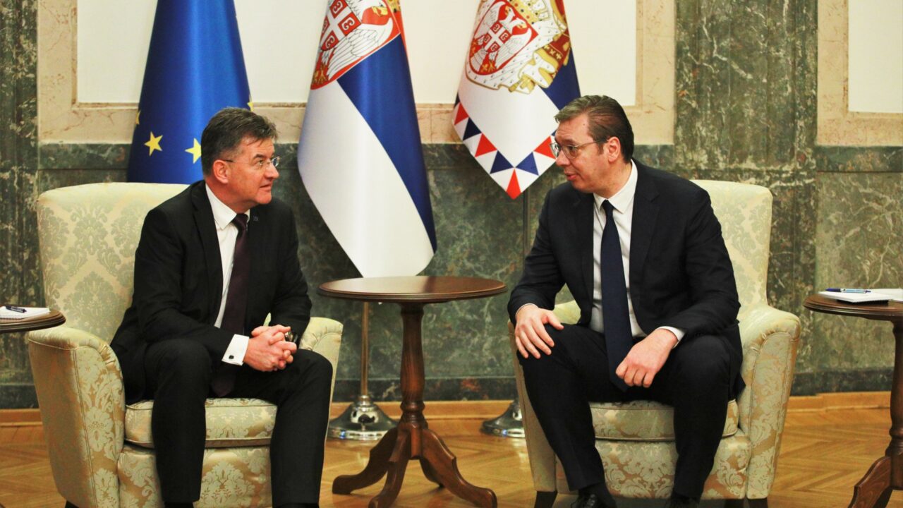 Serbian President Aleksandar Vucic meets EU Special Representative of Europe for the Kosovo-Serbia dialogue Miroslav Lajcak in Belgrade, Serbia on March 13, 2023