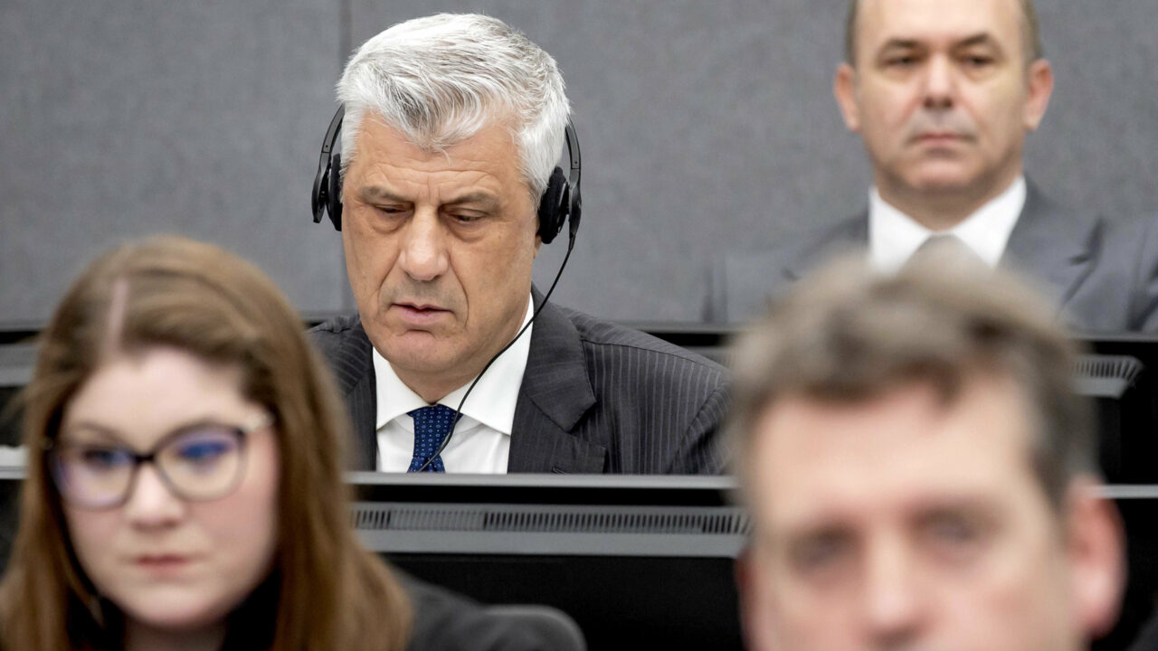 epa10556520 Former Kosovo president Hashim Thaci appears before the Kosovo Tribunal together with Rexhep Selimi (R) in the Hague, the Netherlands, 03 April 2023. They are charged with war crimes and crimes against humanity, including murder, torture, illegal detention, enforced disappearance and persecution, committed between 1998 and 1999. Photo: picture alliance/EPA/Koen van Weel / POOL