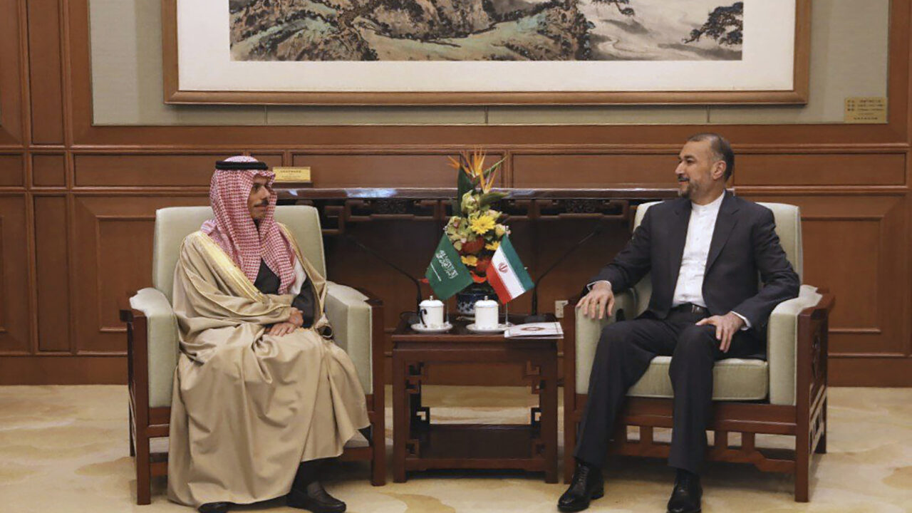 In this picture released by the Iranian Foreign Ministry, Iran’s Foreign Minister Hossein Amirabdollahian, right, meets with his Saudi Arabian counterpart Prince Faisal bin Farhan Al Saud in Beijing Thursday, April 6, 2023. (Iranian Foreign Ministry via AP)