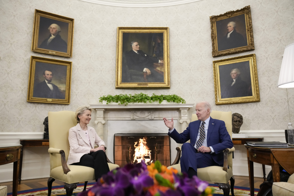 President Joe Biden meets with European Commission President Ursula von der Leyen in the Oval Office of the White House, Friday, March 10, 2023.