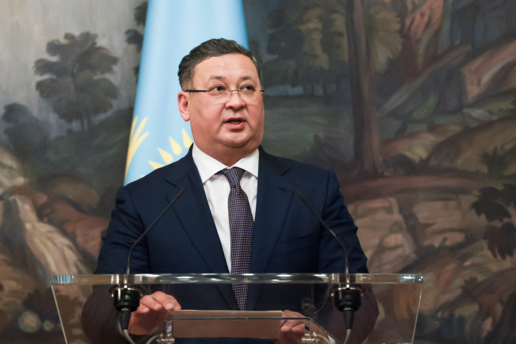 Kazakhstan's Foreign Minister Murat Nurtleu gives a press conference following a meeting with Russia's Foreign Minister Sergei Lavrov at the Russian Foreign Ministry Reception House in Spiridonovka Street.
