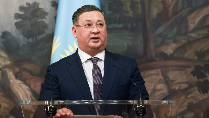 Kazakhstan’s Foreign Minister Murat Nurtleu gives a press conference following a meeting with Russia’s Foreign Minister Sergei Lavrov at the Russian Foreign Ministry Reception House in Spiridonovka Street
