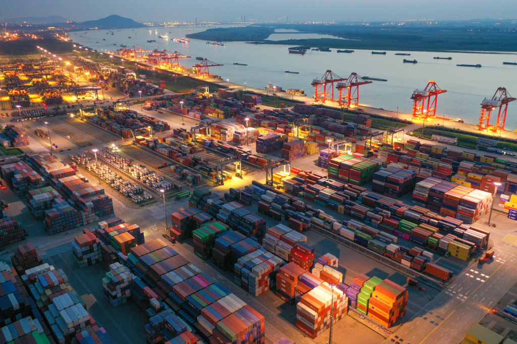 NANJING, CHINA - MAY 15, 2023 - The Longtan Container Terminal of Nanjing Port works at night in Nanjing, Jiangsu province, China, May 15, 2023.