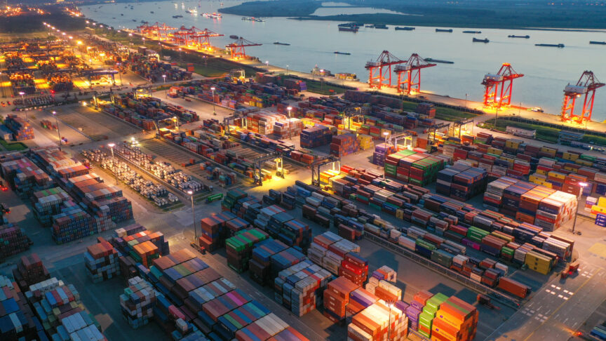 NANJING, CHINA – MAY 15, 2023 – The Longtan Container Terminal of Nanjing Port works at night in Nanjing, Jiangsu province, China, May 15, 2023