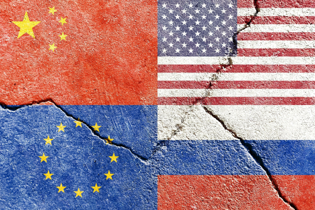Grunge China vs USA vs Europe vs Russia national flags icon isolated on weathered broken concrete wall with cracks, abstract China US EU Russia world politics relationship friendship conflicts concept