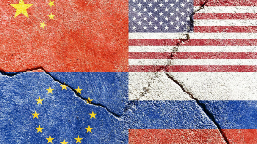 Grunge China vs USA vs Europe vs Russia national flags icon isolated on weathered broken concrete wall with cracks, abstract China US EU Russia world politics relationship friendship conflicts concept