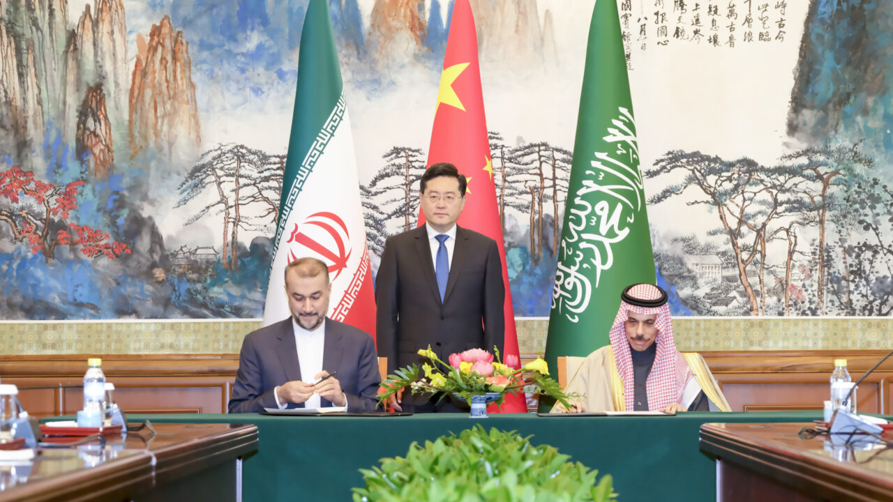(230406) — BEIJING, April 6, 2023 (Xinhua) — Chinese State Councilor and Foreign Minister Qin Gang meets with Saudi Arabian Foreign Minister Prince Faisal bin Farhan Al Saud and Iranian Foreign Minister Hossein Amir-Abdollahian in Beijing, capital of China, April 6, 2023. The two foreign ministers, Faisal and Amir-Abdollahian, are in Beijing for a meeting. After the meeting, Qin witnessed the signing of a joint statement between Saudi Arabia and Iran. The two countries announced the resumption of diplomatic relations with immediate effect. (Xinhua/Ding Lin)