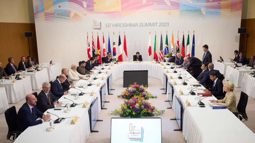 Ukrainian President Volodymyr Zelensky (6th from L) attends a Group of seven summit session with leaders from G-7 nations, alongside delegates of nations and international organizations, on Sunday, May 21, 2023, on the final day of a three-day G-7 summit in Hiroshima, Japan. The final day of the three-day of the Group of Seven leaders’ summit is under way in the western Japan city of Hiroshima, with focus on Ukrainian President Volodymyr Zelensky and his talks with international leaders. Photo by Ukrainian President Press Office/ UPI Photo via Newscom picture alliance