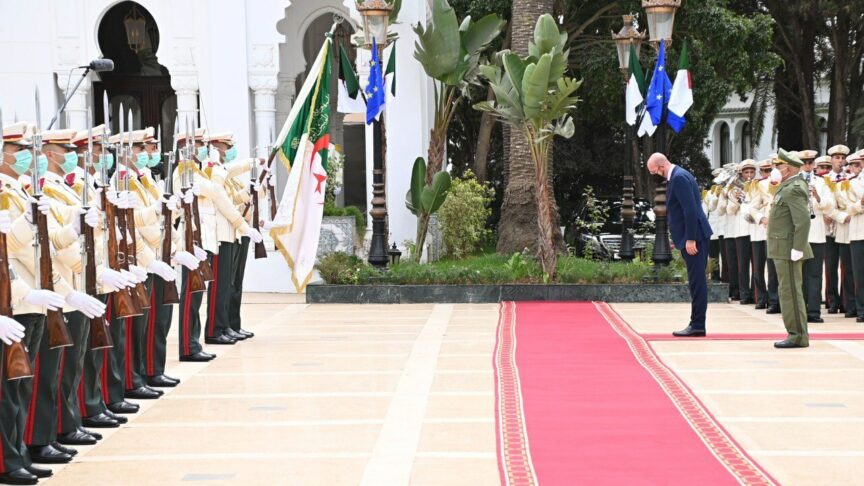 European Council President Charles Michel (R) is welcomed with an official ceremony by Algerian President Abdelmadjid Tebboune at the Palace of El Mouradia in Algiers, Algeria on September 05, 2022. Algerian Presidency / Handout / Anadolu Agency