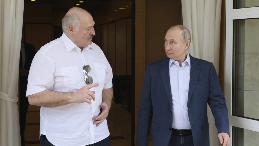 CORRECTS POSITION OF PUTIN TO AT RIGHT INSTEAD OF AT LEFT – FILE – Russian President Vladimir Putin, right, and Belarusian President Alexander Lukashenko speak during their meeting at the Bocharov Ruchei residence in the resort city of Sochi, Russia, Friday, June 9, 2023. Mercenary chief Yevgeny Prigozhin said his troops got as close as 200 kilometers (about 125 miles) from Moscow when he ordered them to turn back under a deal brokered by Belarusian President Lukashenko that granted amnesty to him and of his Wagner Group of private contractors, allowing them to move to Belarus. (Gavriil Grigorov, Sputnik, Kremlin Pool Photo via AP, File)