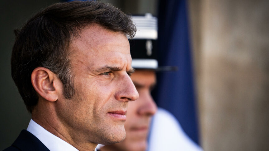 France, Paris, 2023-07-14. Photography by Xose Bouzas / Hans Lucas. Interview between Emmanuel Macron, president of the french republic, and the Prime Minister of the Republic of India, at the Elysee Palace. Portrait of Emmanuel Macron, President of the French Republic, as he exits the entrance to the Elysee Palace during the reception and awaits his arrival. France, Paris, 2023-07-14. Photographie par Xose Bouzas / Hans Lucas. Entretien de Emmanuel Macron, president de la republique francaise, et le remier ministre de la Republique de l Inde, au Palais de l Elysee. Portrait d Emmanuel Macron, president de la republique francaise, qui sort a l entree du Palais de l Elysee lors de la reception et attend l arrivee. || Mindestpreis 10 Euro