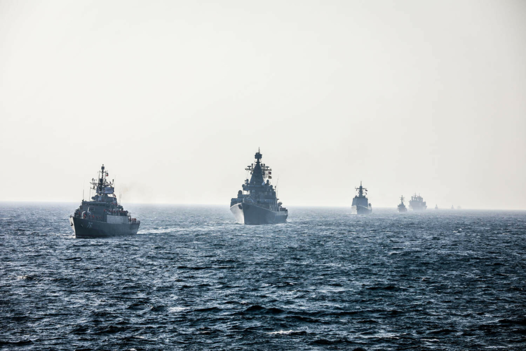 January 21, 2022, Indian Ocean, Indian Ocean, Iran: This photo provided Friday, Jan. 21, 2022, by the Iranian Army, shows a part of a joint naval drill of Iran, Russia, and China in the Indian Ocean. Iran's state TV said 11 of its vessels were joined by three Russian ships including a destroyer, and two Chinese vessels.