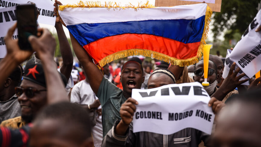 May 28, 2021, Bamako, Bamako District, Mali: Around 200 to 300 people mobilized this Friday afternoon in the Place de l’Independance in Bamako, during a demonstration in support of the Malian Armed Forces (FAMa) and in favor of cooperation between Mali and Russia at the expense of current French policy and the Barkhane force. This demonstration comes four days after Assimi Goita, vice-president of the transition, decided to arrest President Bah N’Daw and Prime Minister Moctar Ouane in order to remove them from office. The latter finally announced their resignation early Wednesday afternoon, May 26, during the visit of an ECOWAS delegation. (Credit Image: © Nicolas Remene/Le Pictorium Agency via ZUMA Press