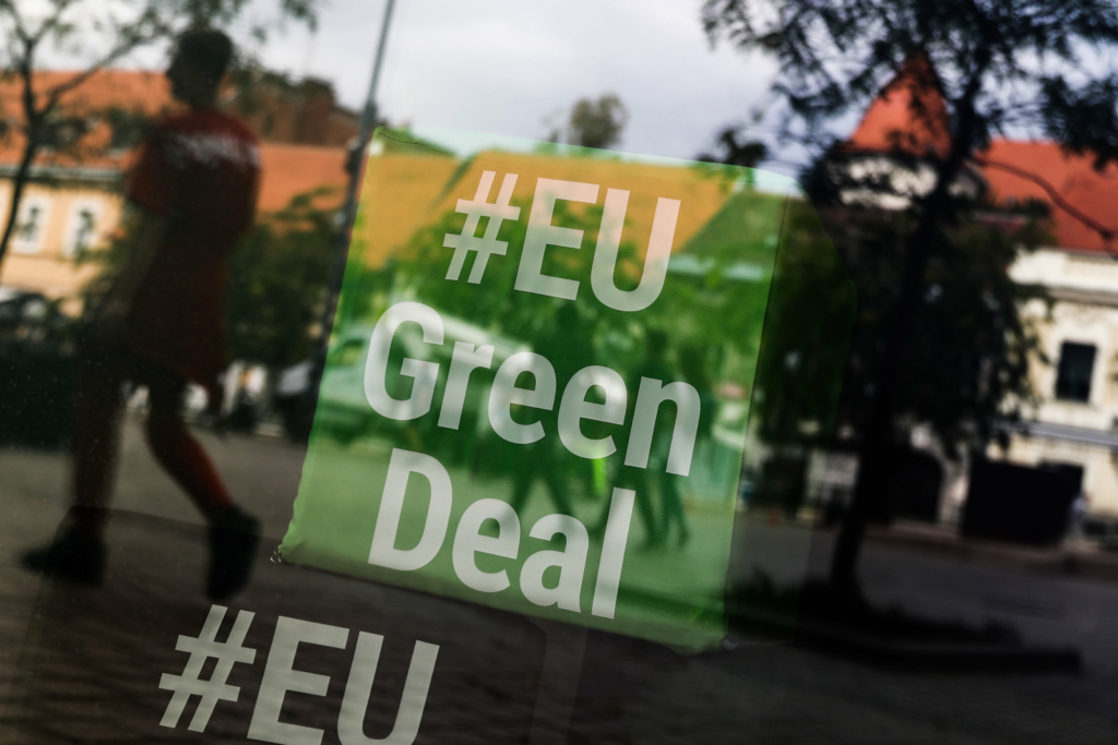 EU Green Deal inscription is seen in the window site at the European Square in Zagreb, Croatia on September 16, 2021.