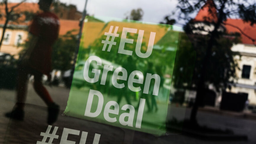 EU Green Deal inscription is seen in the window site at the European Square in Zagreb, Croatia on September 16, 2021